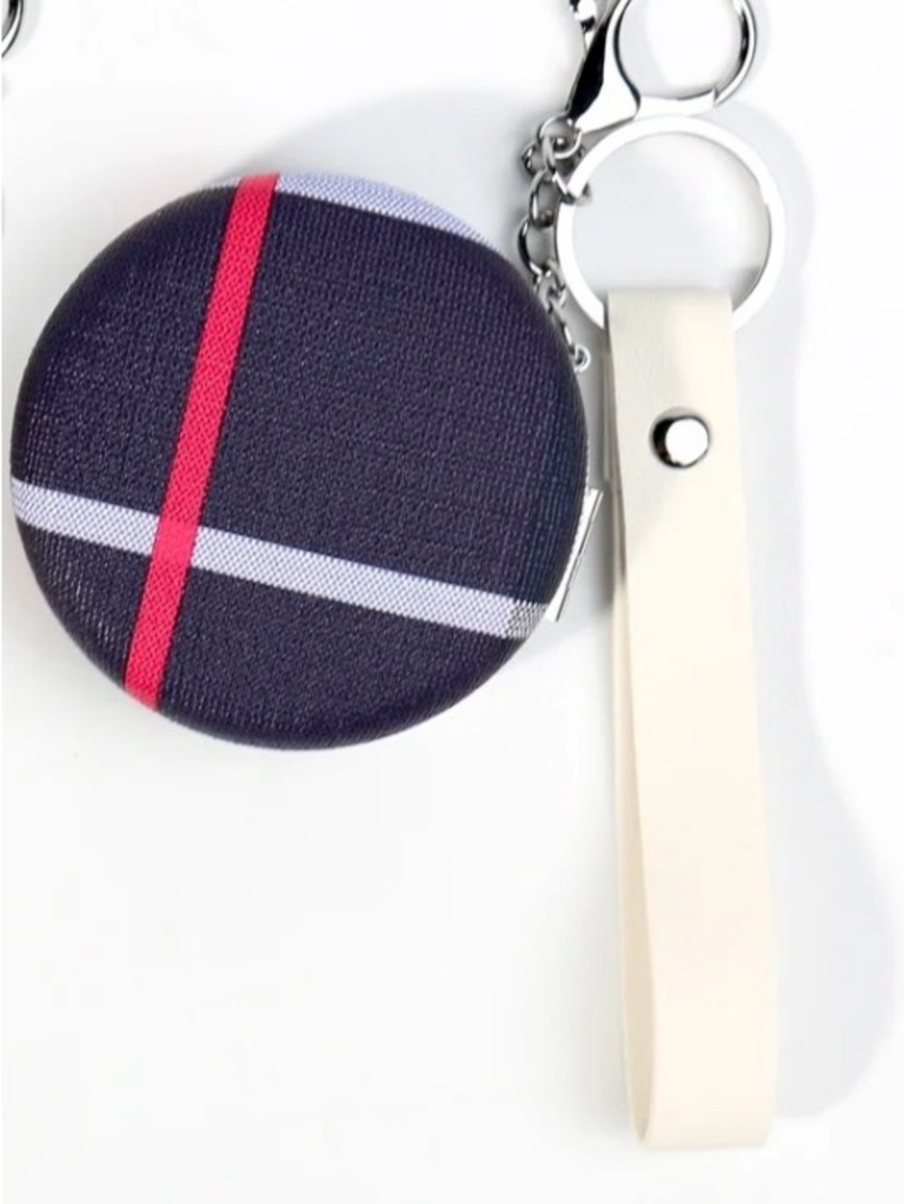Plaid-patterned compact mirror keychain with faux-leather strap